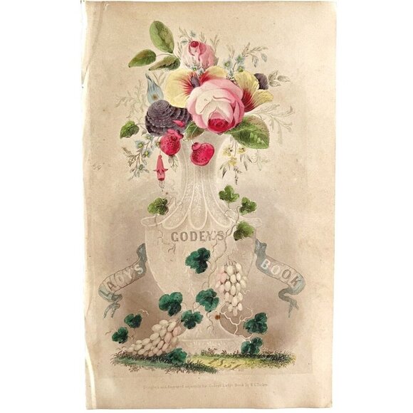 Lady Godey Hand Tinted Colored Engraving 1859 Victorian Flower Vase Art DWY5G - Picture 2 of 2